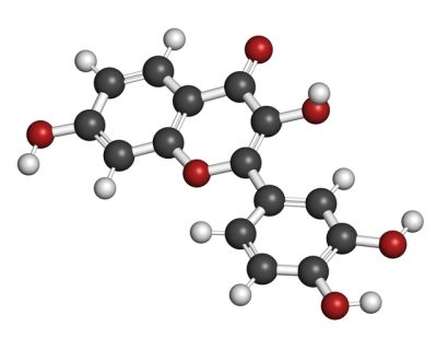 Fisetin plant polyphenol molecule. 3D rendering. Atoms are represented as spheres with conventional color coding.